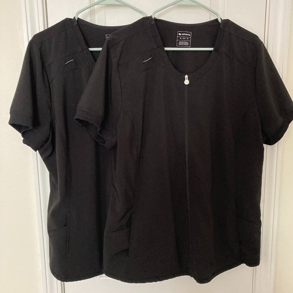 Lot of 2 Black Cherokee Infinity Zip Front Round Neck Solid Scrub Tops Size XL